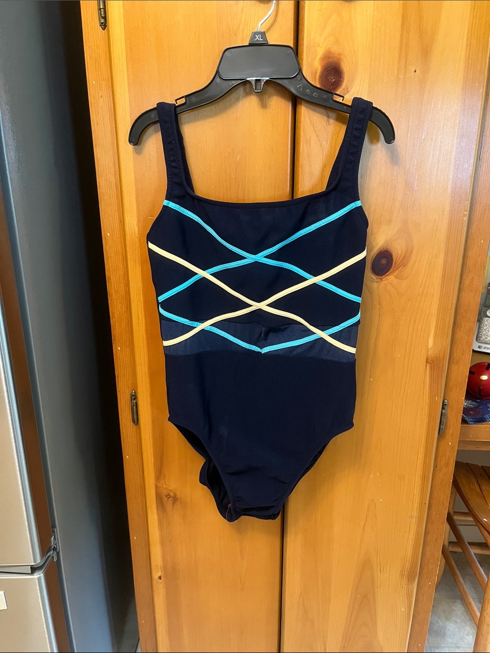Women’s Navy One-Piece Swimsuit with Aqua and Cream Trim-size 14